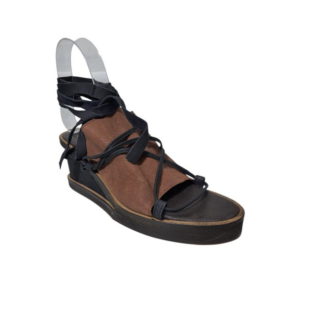 Free People Bowery Leather Lace-up Wedge Boho Sandals Black Brown Sz 39
